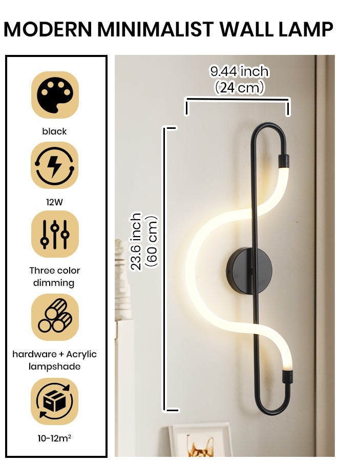 YATAI LIGHTING Modern LED Wall Light, 12W Minimalist Rectangular Wall Lamp with Switch Control, Dimmable 3000K-6000K Acrylic & Metal Sconce for Bedroom, Hallway, Dining Room, Mirror Side, Black, 60CM - Image 3