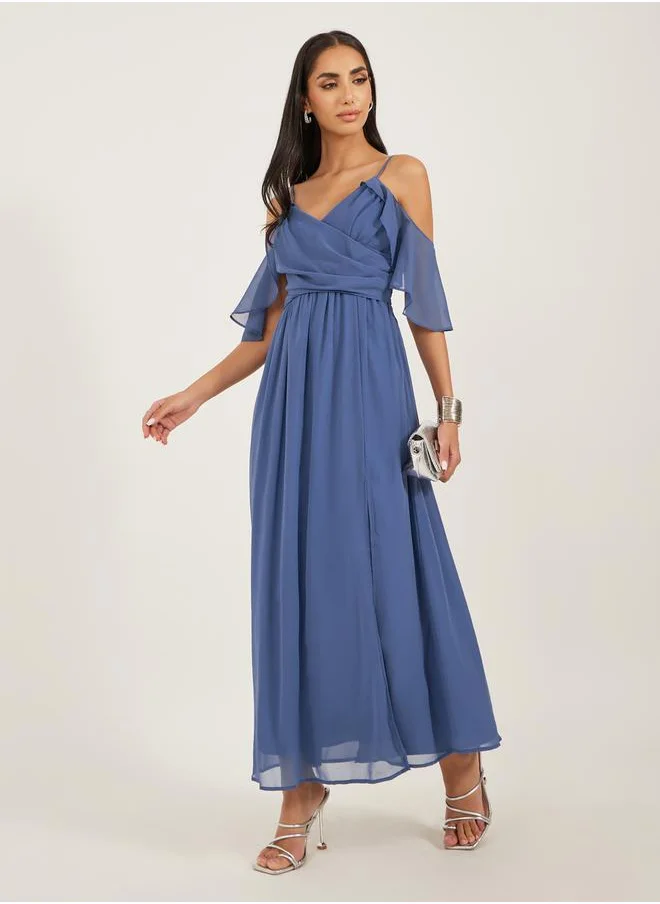 ستايلي Solid Cold Shoulder Sleeves A-Line Maxi Dress by Styli