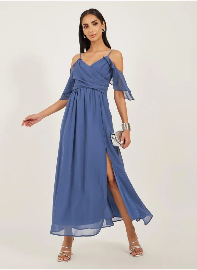 ستايلي Solid Cold Shoulder Sleeves A-Line Maxi Dress by Styli