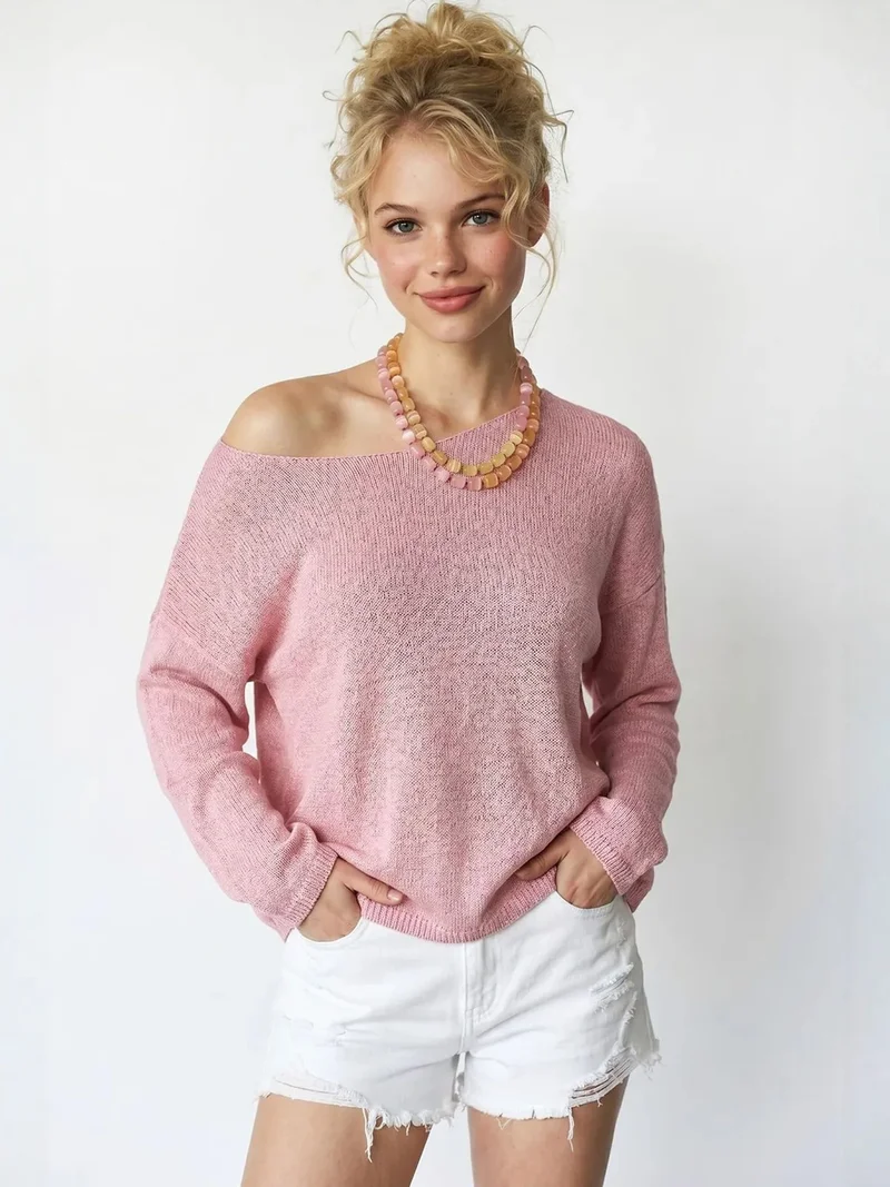 Mixray Blush Pink MIXRAY Oversized Boat Neck Knit Sweater for Women | Best Price UAE