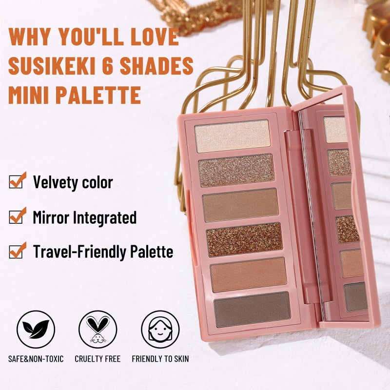 SUSIKEKI 6 Colors Mini Eyeshadow Makeup Palette Caramel & Bronzed Neutral Tone Eye Shadow Matte & Shimmer Nude Make Up Pallet with Mirror Blendable Highly Pigmented Travel Size Gift Kit 05 - Image 4
