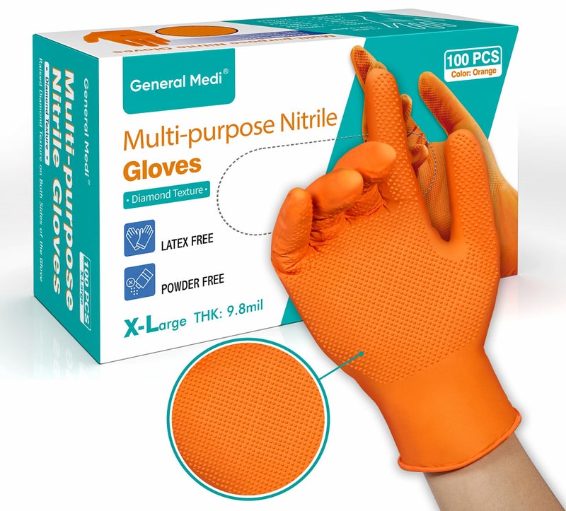 General Medi Nitrile Industrial Orange Gloves with Raised Diamond Texture, 100 Count (XL) - Image 1