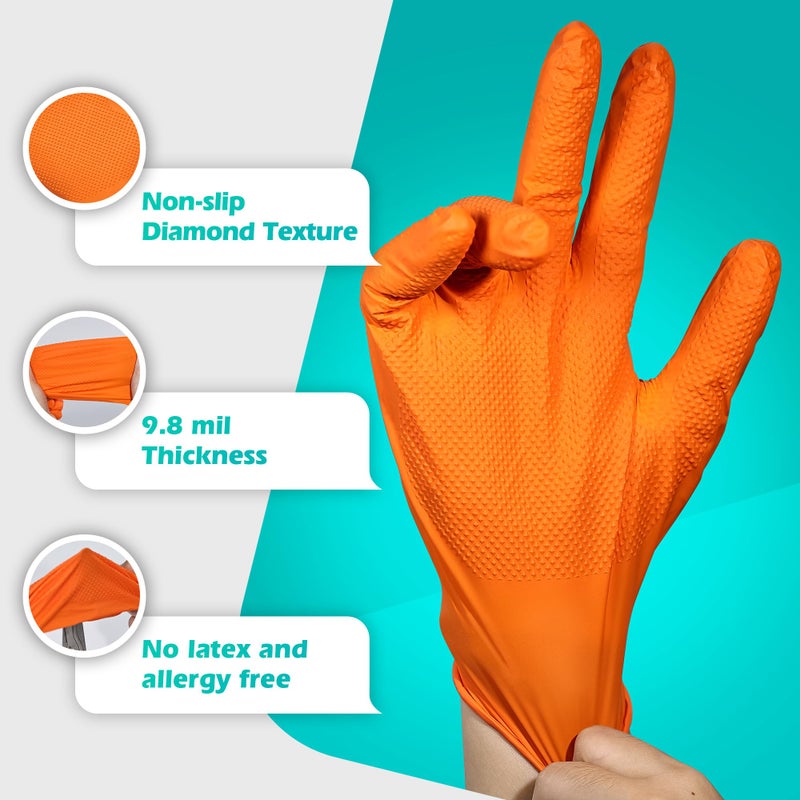 General Medi Nitrile Industrial Orange Gloves with Raised Diamond Texture, 100 Count (XL) - Image 2