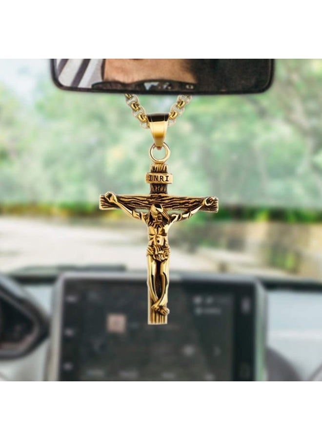 LeapoFaith Hanging Cross Charm for Car Rear View Mirror Pendant Jesus Necklace Cross Women Men Christian Stainless Steel Car Mirror Decoration Hanging Accessories Ornament Vehicle Interior (Bronze) - Image 1