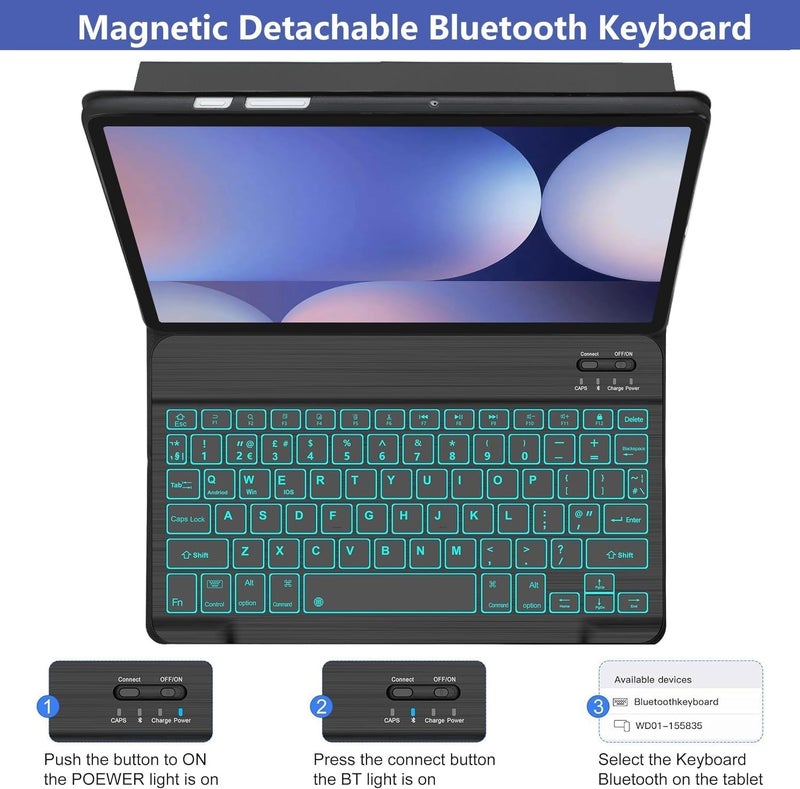 typecase حافظة لوحة مفاتيح لجهاز سامسونج جالكسي تاب S10+ و S9+ و S9 FE+ (12.4 بوصة) مع إضاءة خلفية بـ 7 ألوان، حامل قلم S، 3 زوايا عرض، لوحة مفاتيح لاسلكية قابلة للفصل مغناطيسيًا (لا تناسب S10 FE+)  - Image 4