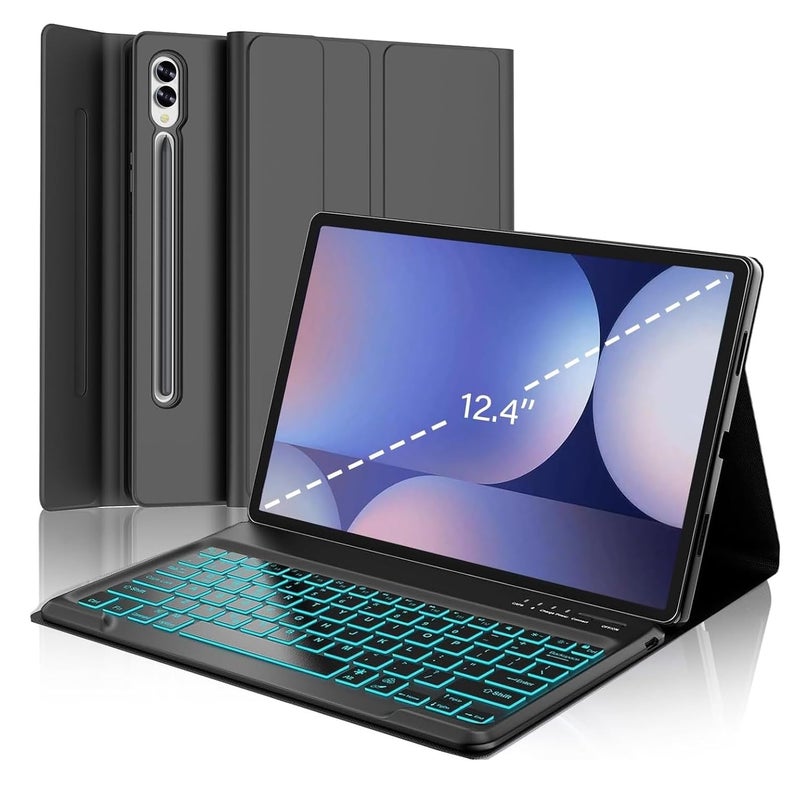 typecase حافظة لوحة مفاتيح لجهاز سامسونج جالكسي تاب S10+ و S9+ و S9 FE+ (12.4 بوصة) مع إضاءة خلفية بـ 7 ألوان، حامل قلم S، 3 زوايا عرض، لوحة مفاتيح لاسلكية قابلة للفصل مغناطيسيًا (لا تناسب S10 FE+)  - Image 1