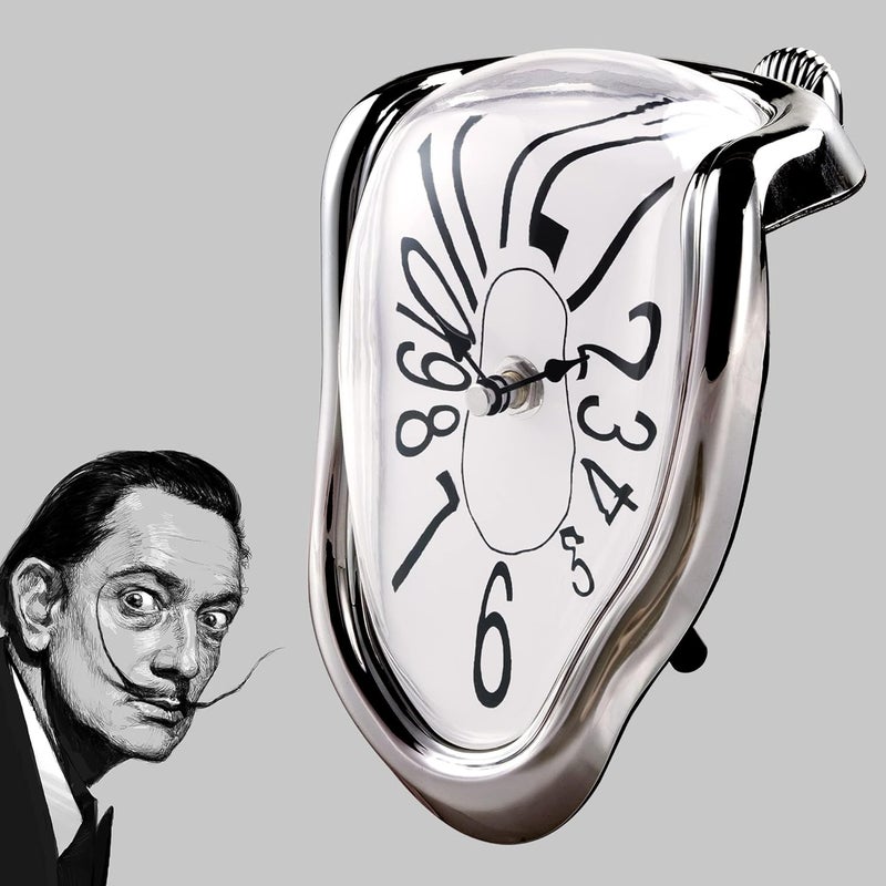 Lafocuse Silver Melting Clock for Shelf, Salvador Dali Clock Silent Non-Ticking Battery Operated Home Décor - Image 2