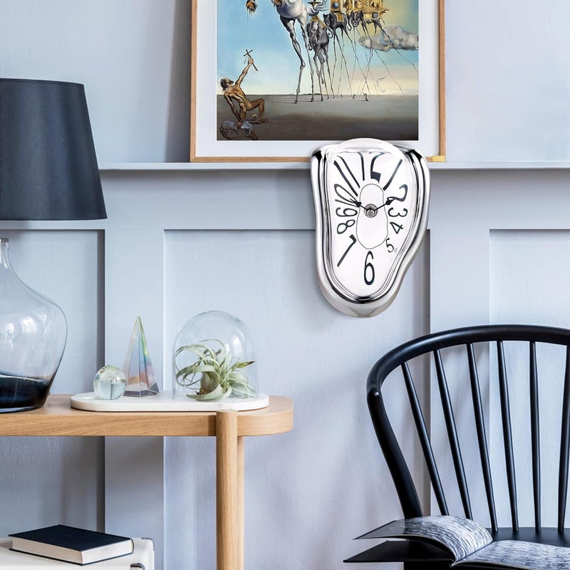 Lafocuse Silver Melting Clock for Shelf, Salvador Dali Clock Silent Non-Ticking Battery Operated Home Décor - Image 3