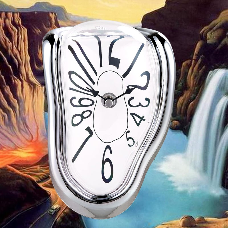 Lafocuse Silver Melting Clock for Shelf, Salvador Dali Clock Silent Non-Ticking Battery Operated Home Décor - Image 4