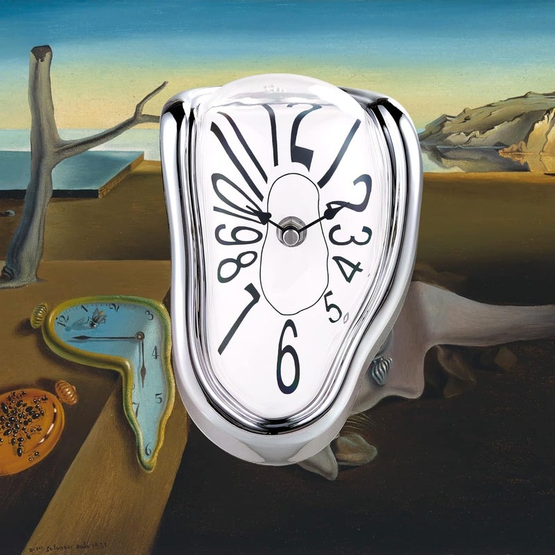 Lafocuse Silver Melting Clock for Shelf, Salvador Dali Clock Silent Non-Ticking Battery Operated Home Décor - Image 1