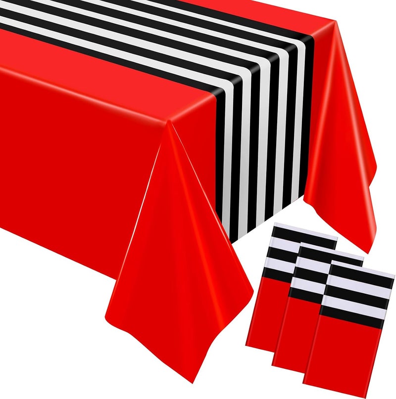 Oudain 6 Pcs Striped Tablecloth 108 x 54 Inch Rectangle Table Cover Disposable Plastic Table Cloth Waterproof Tablecloth Plastic Table Cover for Birthday Wedding Bridal (Black White Red) - Image 1