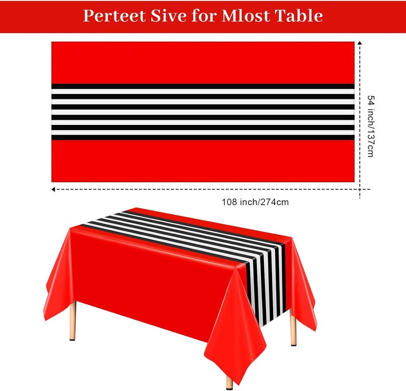 Oudain 6 Pcs Striped Tablecloth 108 x 54 Inch Rectangle Table Cover Disposable Plastic Table Cloth Waterproof Tablecloth Plastic Table Cover for Birthday Wedding Bridal (Black White Red) - Image 2