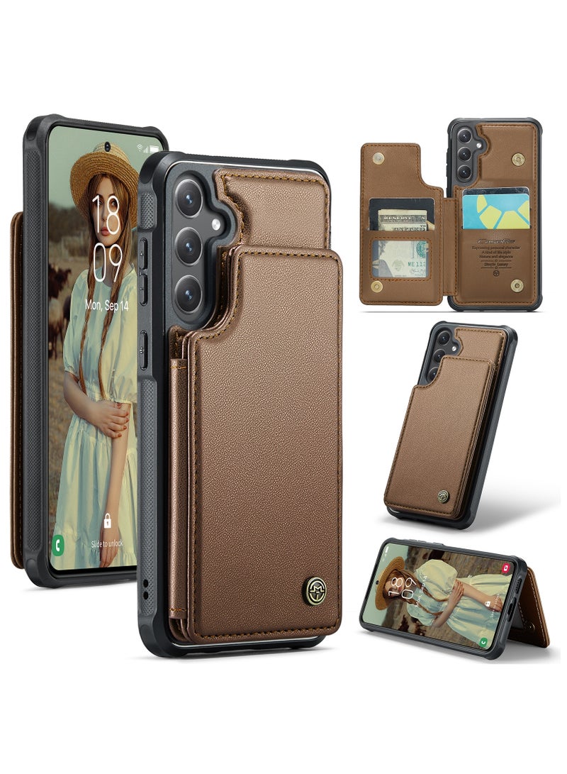 CaseMe Wallet Case for Samsung Galaxy S24 , Premium Handmade Durable PU Leather Slim Shockproof Case with [Double Magnetic Clasp] [Card Holder] [Kickstand] [RFID Blocking] (Brown) - Image 1