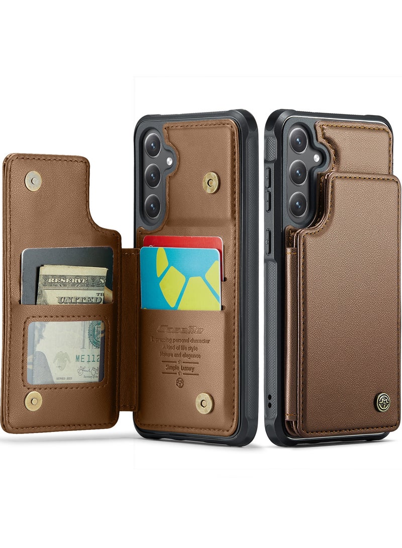 CaseMe Wallet Case for Samsung Galaxy S24 , Premium Handmade Durable PU Leather Slim Shockproof Case with [Double Magnetic Clasp] [Card Holder] [Kickstand] [RFID Blocking] (Brown) - Image 2