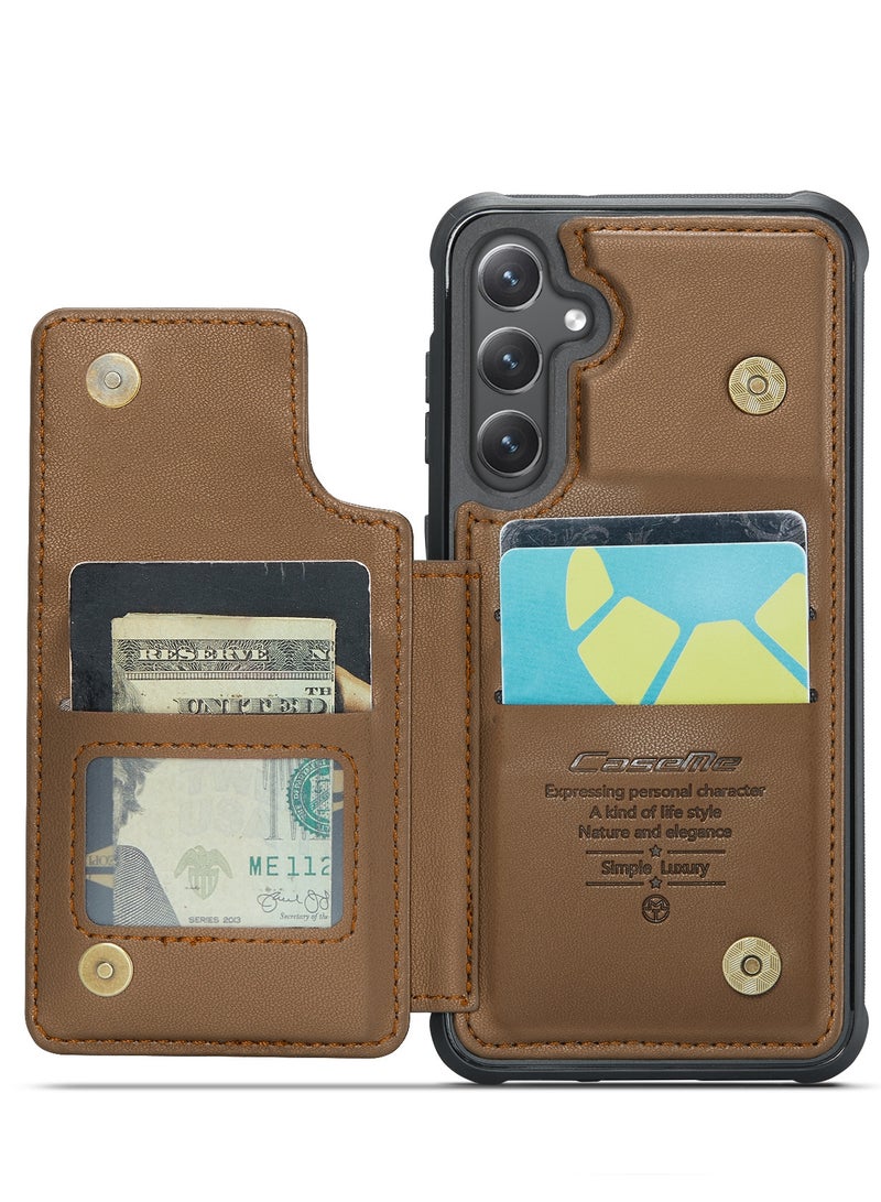 CaseMe Wallet Case for Samsung Galaxy S24 , Premium Handmade Durable PU Leather Slim Shockproof Case with [Double Magnetic Clasp] [Card Holder] [Kickstand] [RFID Blocking] (Brown) - Image 3