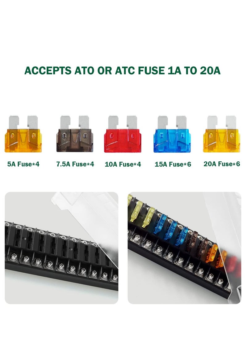 Zikra 12 Way Blade Fuse Block,12 Circuit ATC/ATO Fuse Box Holder with LED Indicator Waterproof Protection Cover Sticker for Automotive Truck Boat Marine RV - Image 4