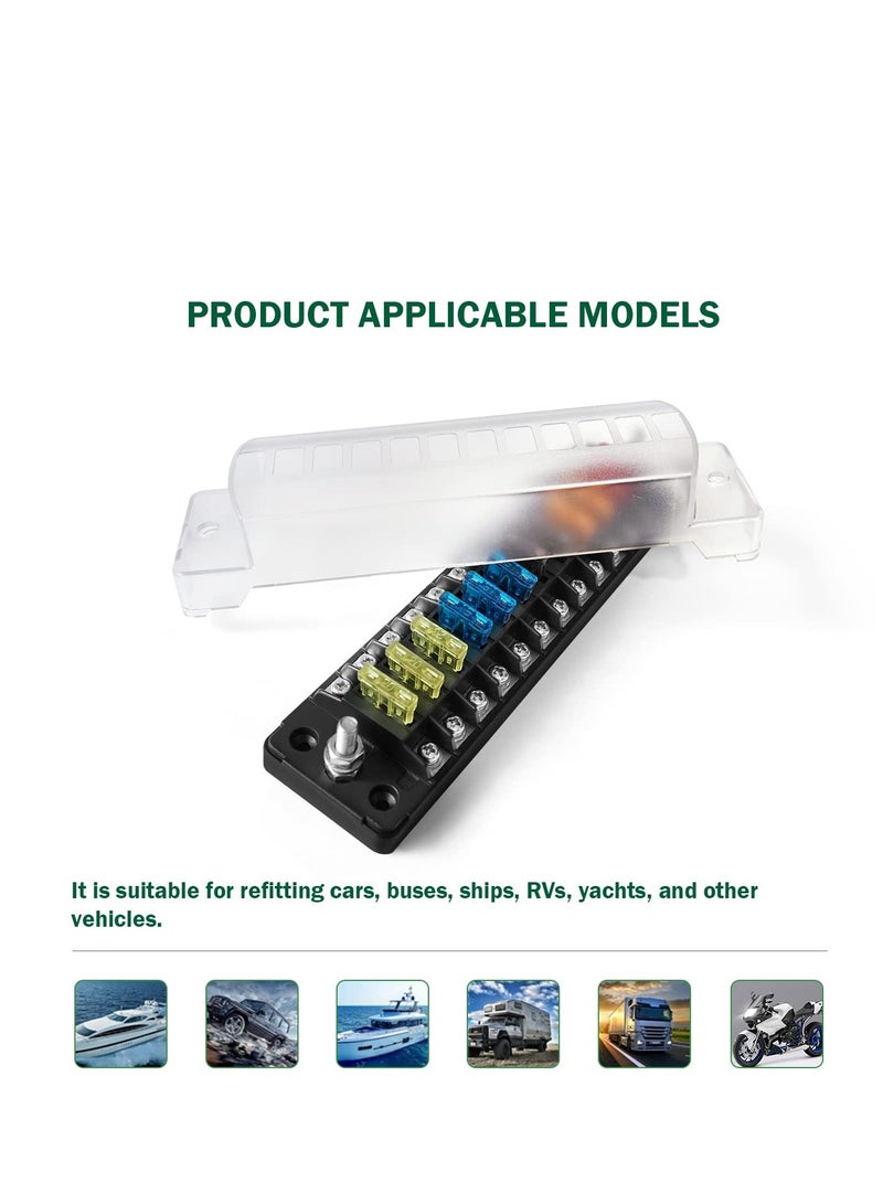 Zikra 12 Way Blade Fuse Block,12 Circuit ATC/ATO Fuse Box Holder with LED Indicator Waterproof Protection Cover Sticker for Automotive Truck Boat Marine RV - Image 3