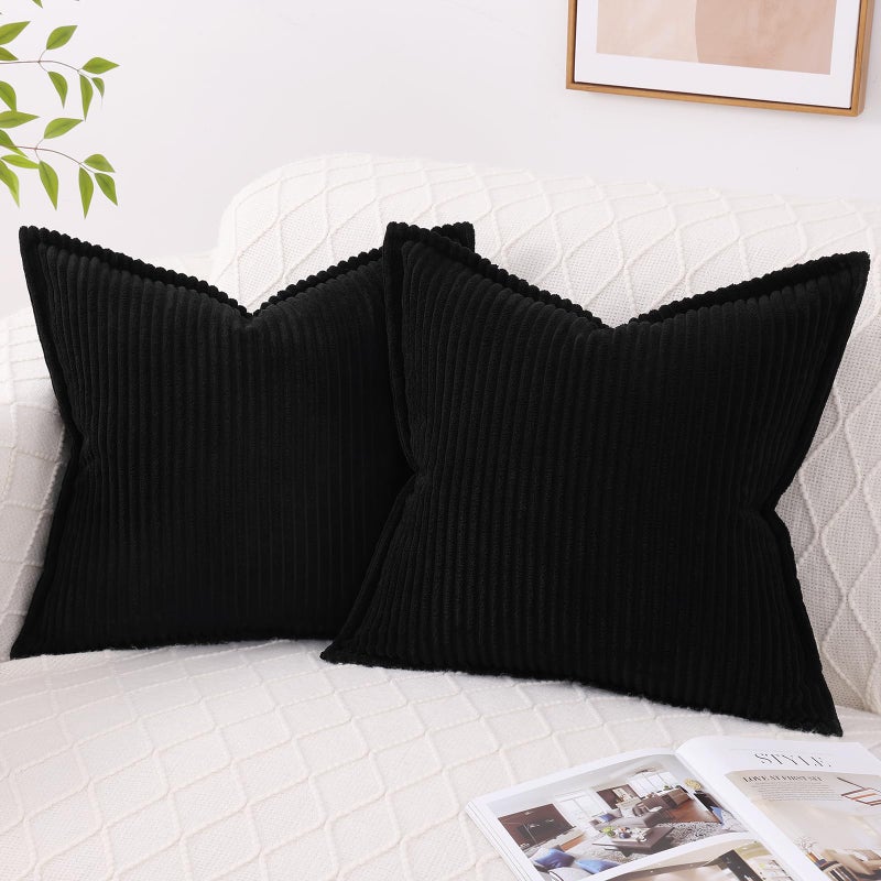 Mecatny Corduroy Pillow Covers 22x22 Inch Set of 2  Striped Decorative Square Throw Pillow Covers with Wide Border for Couch Living Room Bed  Black - Image 1