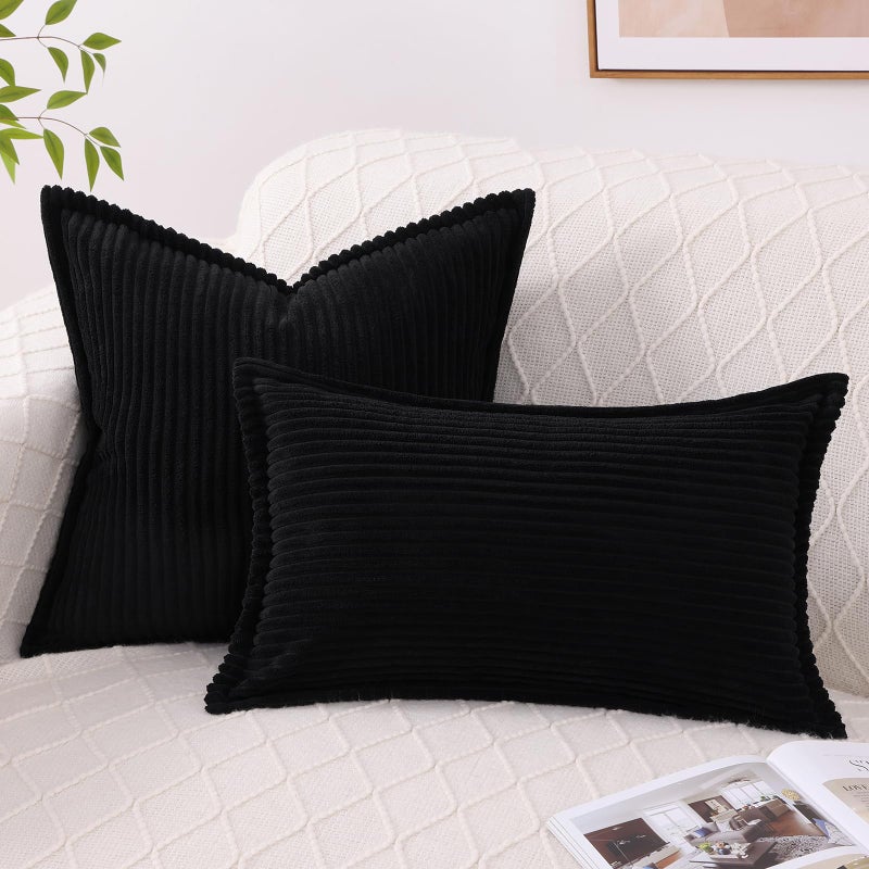 Mecatny Corduroy Pillow Covers 22x22 Inch Set of 2  Striped Decorative Square Throw Pillow Covers with Wide Border for Couch Living Room Bed  Black - Image 2