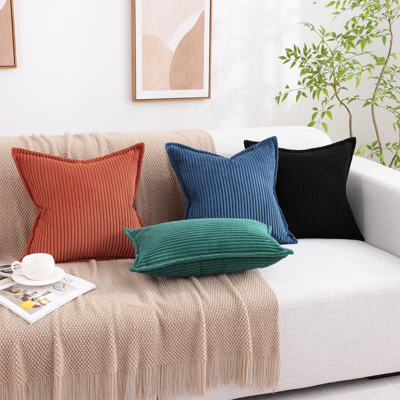 Mecatny Corduroy Pillow Covers 22x22 Inch Set of 2  Striped Decorative Square Throw Pillow Covers with Wide Border for Couch Living Room Bed  Black - Image 5