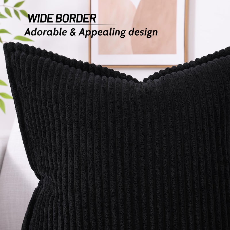 Mecatny Corduroy Pillow Covers 22x22 Inch Set of 2  Striped Decorative Square Throw Pillow Covers with Wide Border for Couch Living Room Bed  Black - Image 3