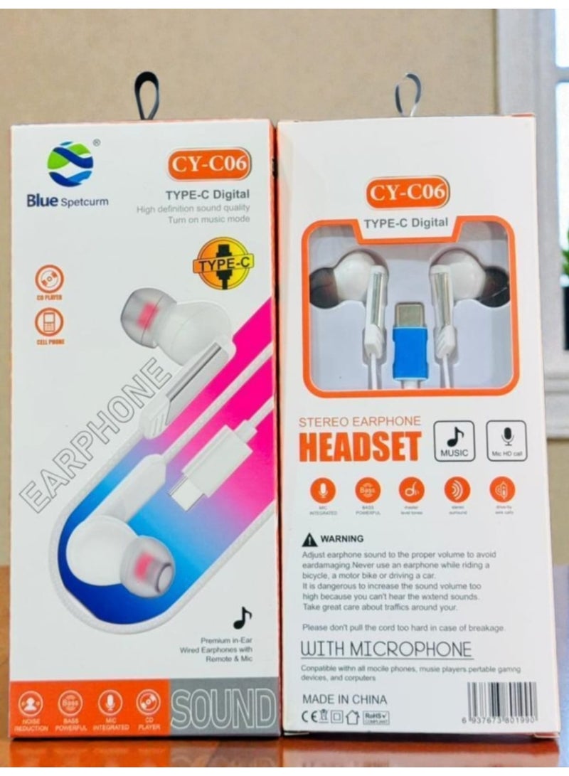 Blue Spectrum Blue Speccurm CY-C06 Wired Earphones - Type-C port with built-in microphone, high-definition sound, and powerful bass