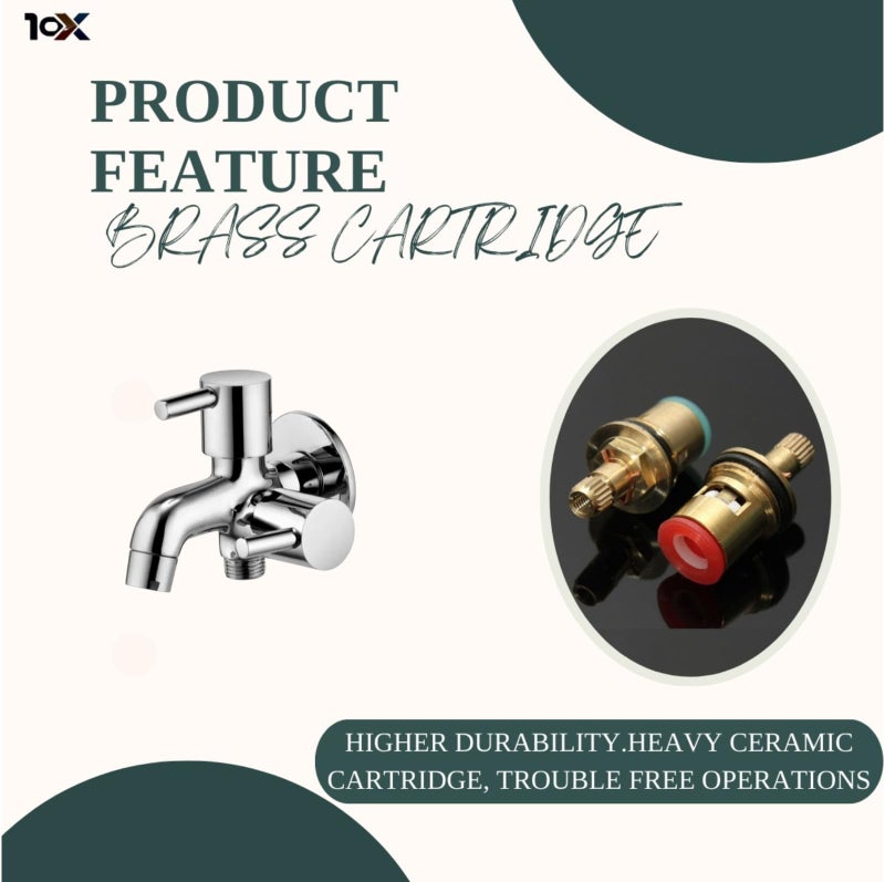 10X Bib Tap 2 in 1 BC-8520 | Dual Outlet Wall Mounted Tap with Aerator | Heavy Brass Cartridge | Chrome Plated | Compatible with Health Faucet/Jet Spray - Image 4