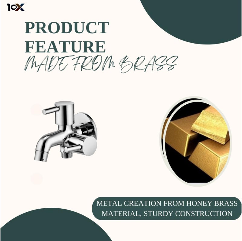 10X Bib Tap 2 in 1 BC-8520 | Dual Outlet Wall Mounted Tap with Aerator | Heavy Brass Cartridge | Chrome Plated | Compatible with Health Faucet/Jet Spray - Image 5