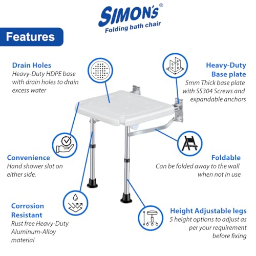 Simon's Simon’s Folding Wall Bath Chair with Adjustable Legs for Elderly to sit and take Bath in Bathroom, Shower Bench for Senior Citizens and Disabled - Image 2