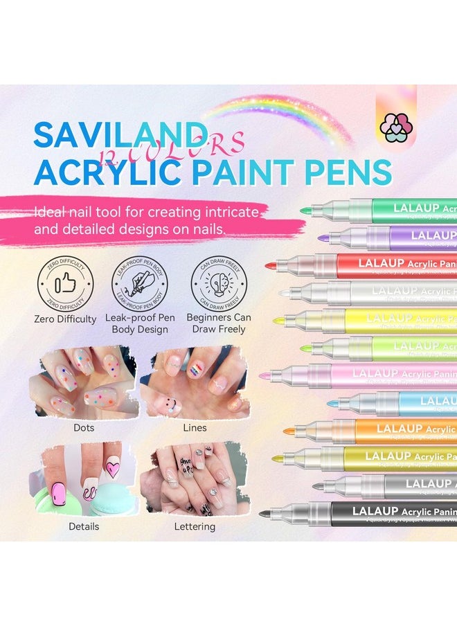 Saviland - Saviland 12 Colors Nail Art Pens Set - 3D Nail Polish Pens Graffiti Nail Dotting Tools Acrylic Paint Pens Drawing Painting Point Liner Pen for Nails Art Design Manicure Nail Pens for Home & Salon DIY - Image 1