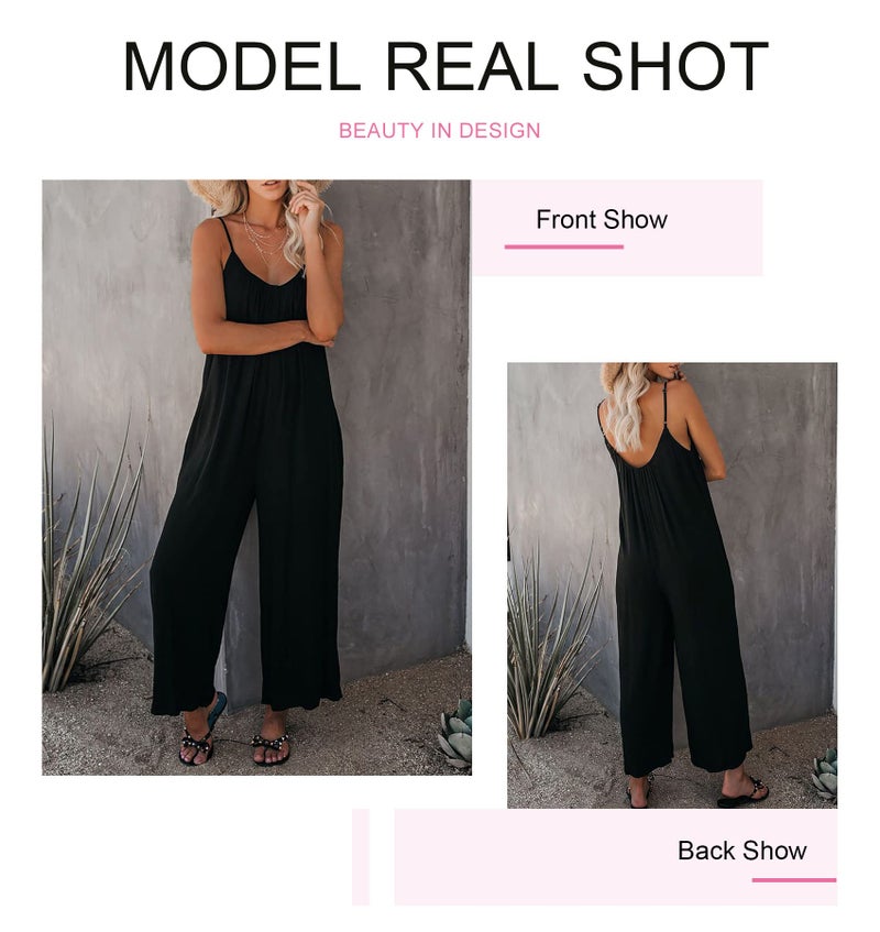 Dokotoo Women's Loose Black Jumpsuits for Women Adjustable Spaghetti Strap Stretchy Wide Leg Solid One Piece Sleeveless Long Pant Romper Jumpsuit with Pockets Small - Image 3