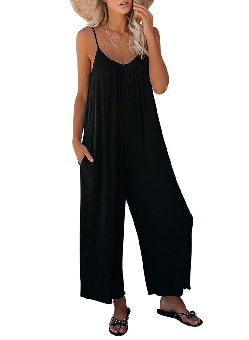 Dokotoo Women's Loose Black Jumpsuits for Women Adjustable Spaghetti Strap Stretchy Wide Leg Solid One Piece Sleeveless Long Pant Romper Jumpsuit with Pockets Small - Image 1