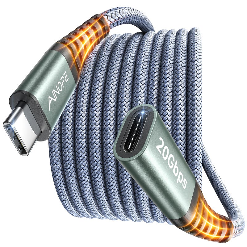 AINOPE USB C Extension Cable 6.6FT, 20Gbps/240W USB3.2 Type C Extender Cord for PSVR 2 Accessories, 4K@60Hz Video Output Braided USB C Female Extension Cable for Hub/PSVR2/Magsafe Charger/Phone,Grey - Image 1