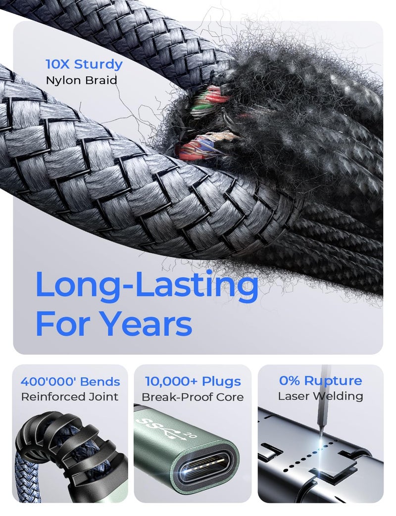 AINOPE USB C Extension Cable 6.6FT, 20Gbps/240W USB3.2 Type C Extender Cord for PSVR 2 Accessories, 4K@60Hz Video Output Braided USB C Female Extension Cable for Hub/PSVR2/Magsafe Charger/Phone,Grey - Image 2