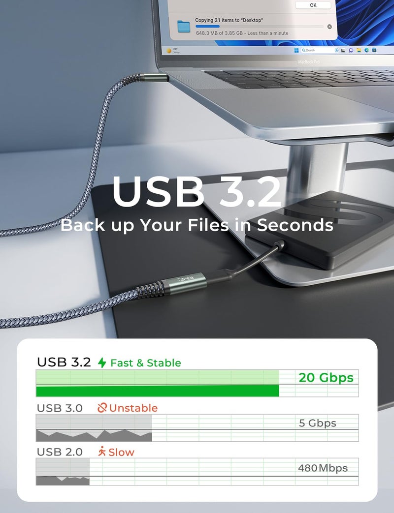 AINOPE USB C Extension Cable 6.6FT, 20Gbps/240W USB3.2 Type C Extender Cord for PSVR 2 Accessories, 4K@60Hz Video Output Braided USB C Female Extension Cable for Hub/PSVR2/Magsafe Charger/Phone,Grey - Image 3