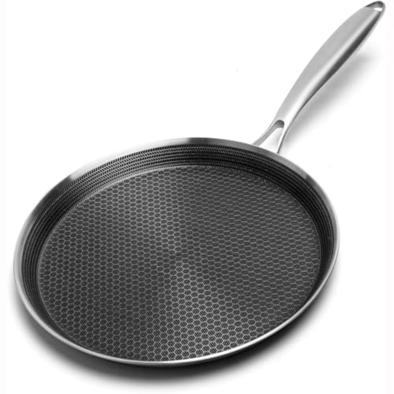 Stainless Steel Crepe Pan - 26cm Nonstick Crepe Pan, Stainless Steel Honeycomb Coating Pancake Pan, Non Stick Flat Skillet Tawa Dosa Tortilla Griddle Pan, Induction Compatible, PFOA Free 26CM - Image 1