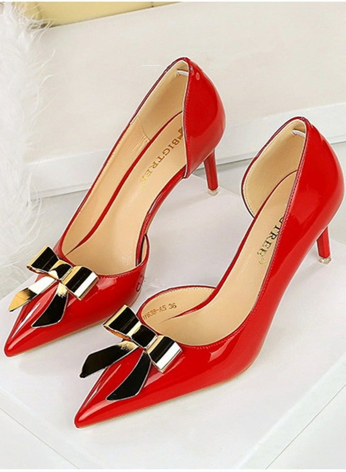 BIGTREE Women's Patent Leather Closed Pointed Toe High Heels Metal Bowknot Decoration Stiletto Pumps Red 7.5CM  - Image 1