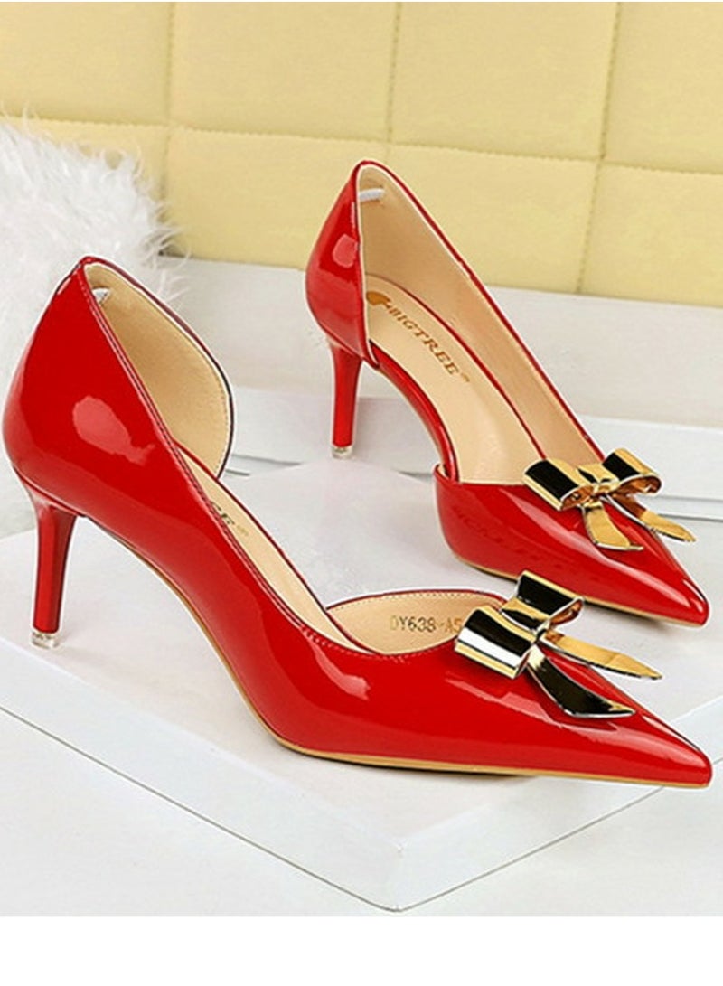 BIGTREE Women's Patent Leather Closed Pointed Toe High Heels Metal Bowknot Decoration Stiletto Pumps Red 7.5CM  - Image 2