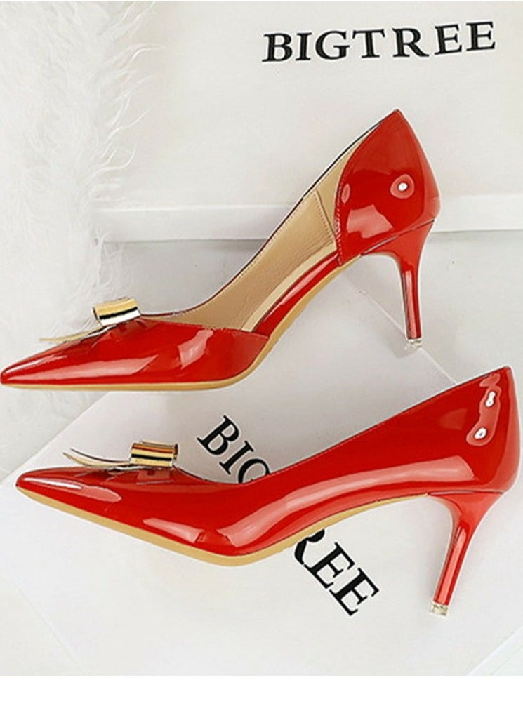 BIGTREE Women's Patent Leather Closed Pointed Toe High Heels Metal Bowknot Decoration Stiletto Pumps Red 7.5CM  - Image 3