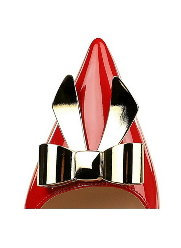 BIGTREE Women's Patent Leather Closed Pointed Toe High Heels Metal Bowknot Decoration Stiletto Pumps Red 7.5CM  - Image 4