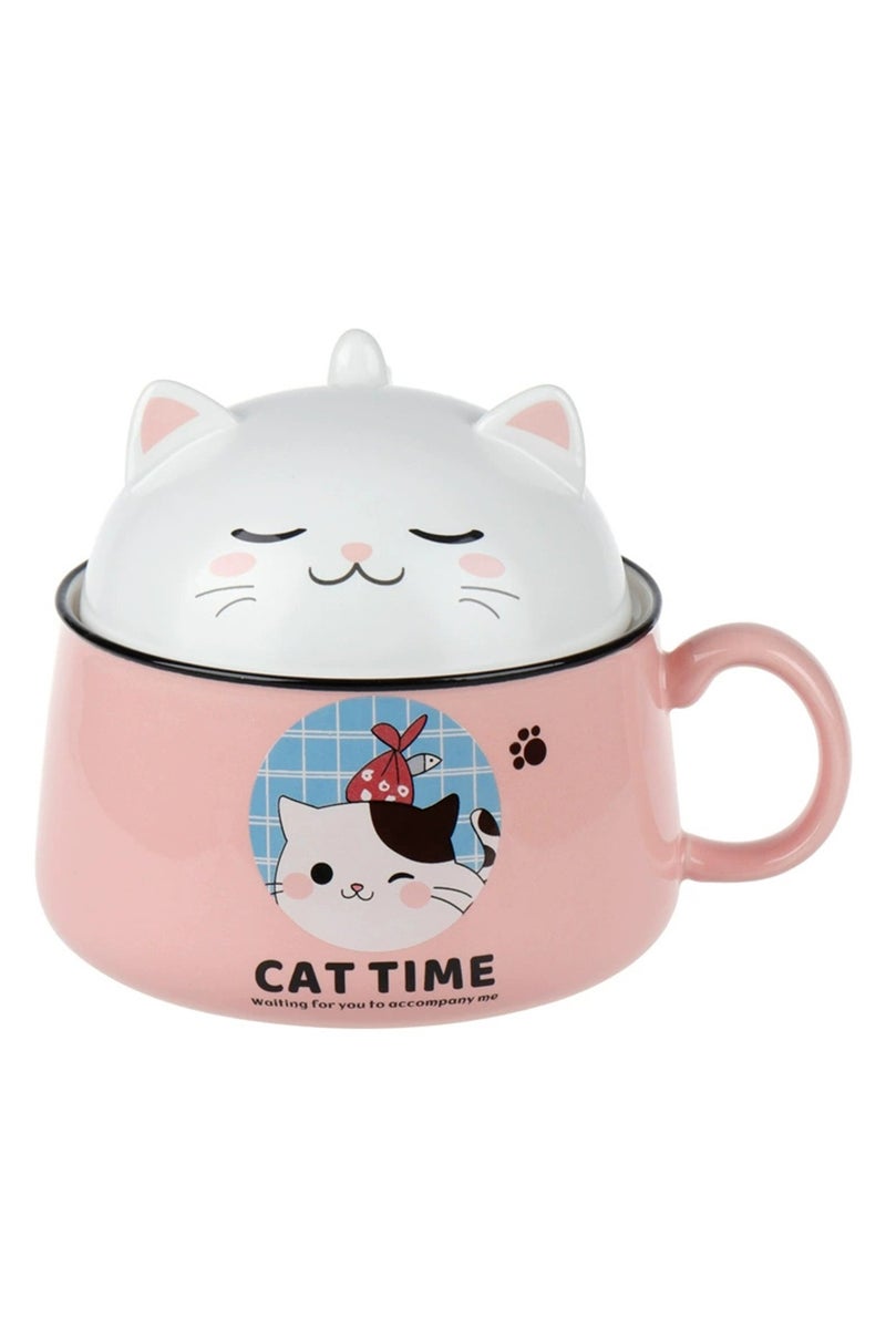 هانغهايجيا أطباق رامين فورية على شكل قطة لطيفة مع غطاء ومقبض ، تصميم ذكي لوعاء حساء كبير الحجم بسعة 1020 ملليلتر مصنوع من السيراميك وآمن للاستخدام في الميكروويف - Image 1