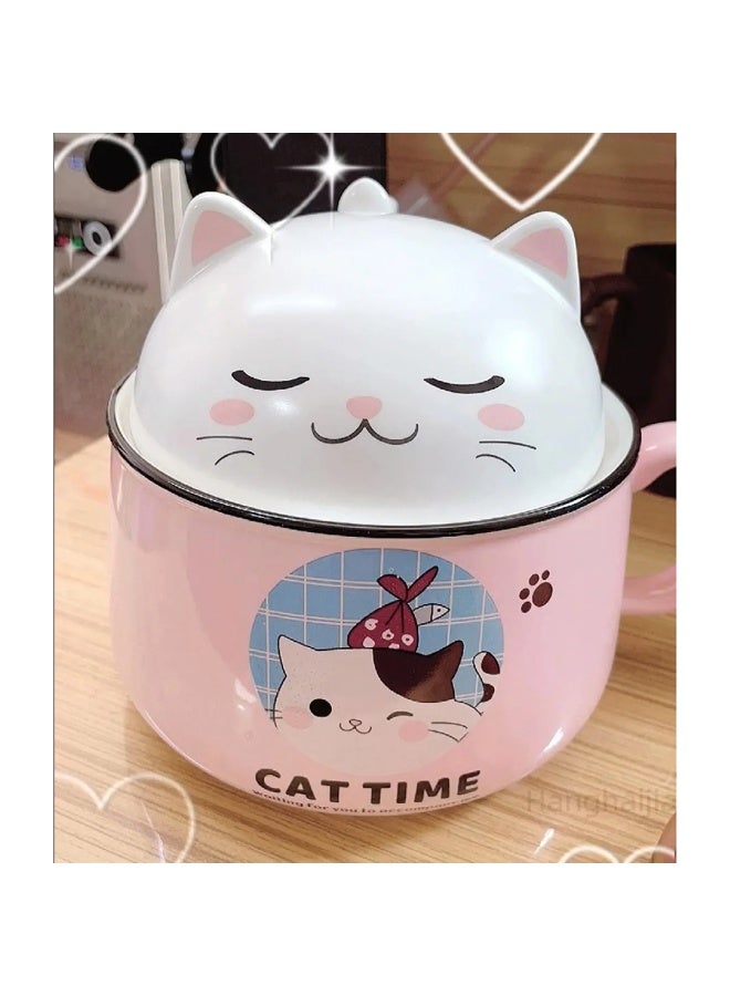 هانغهايجيا أطباق رامين فورية على شكل قطة لطيفة مع غطاء ومقبض ، تصميم ذكي لوعاء حساء كبير الحجم بسعة 1020 ملليلتر مصنوع من السيراميك وآمن للاستخدام في الميكروويف - Image 3