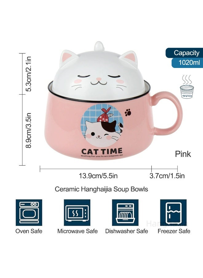 هانغهايجيا أطباق رامين فورية على شكل قطة لطيفة مع غطاء ومقبض ، تصميم ذكي لوعاء حساء كبير الحجم بسعة 1020 ملليلتر مصنوع من السيراميك وآمن للاستخدام في الميكروويف - Image 5