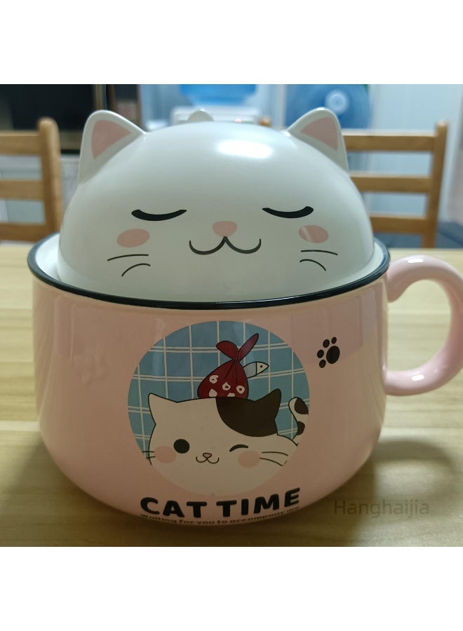 هانغهايجيا أطباق رامين فورية على شكل قطة لطيفة مع غطاء ومقبض ، تصميم ذكي لوعاء حساء كبير الحجم بسعة 1020 ملليلتر مصنوع من السيراميك وآمن للاستخدام في الميكروويف - Image 2