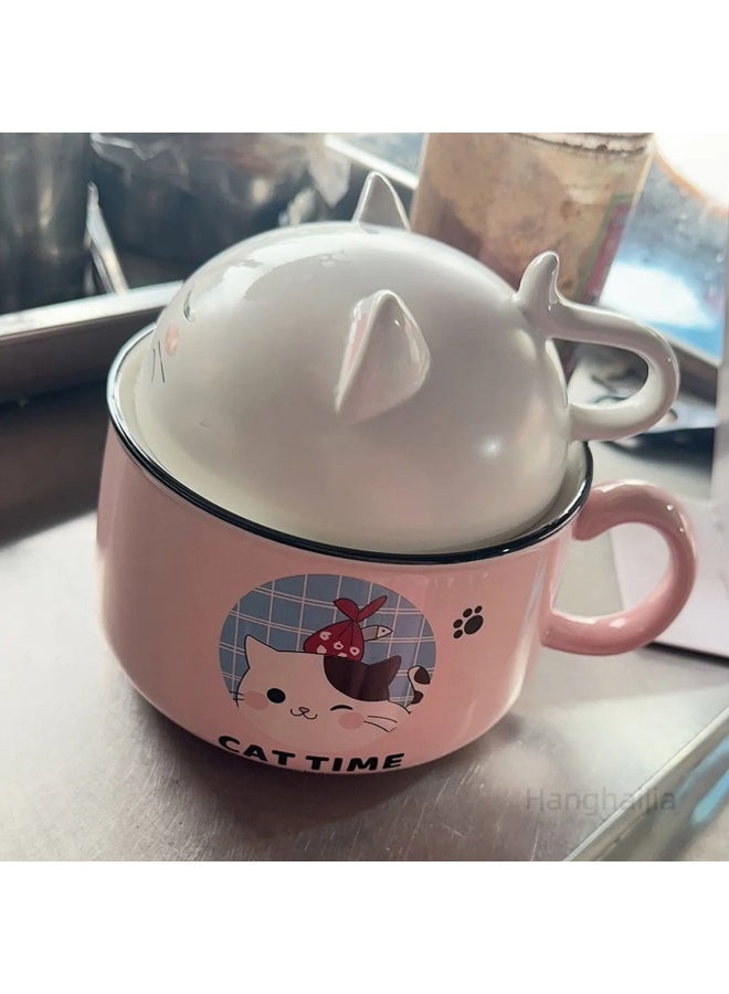 هانغهايجيا أطباق رامين فورية على شكل قطة لطيفة مع غطاء ومقبض ، تصميم ذكي لوعاء حساء كبير الحجم بسعة 1020 ملليلتر مصنوع من السيراميك وآمن للاستخدام في الميكروويف - Image 4