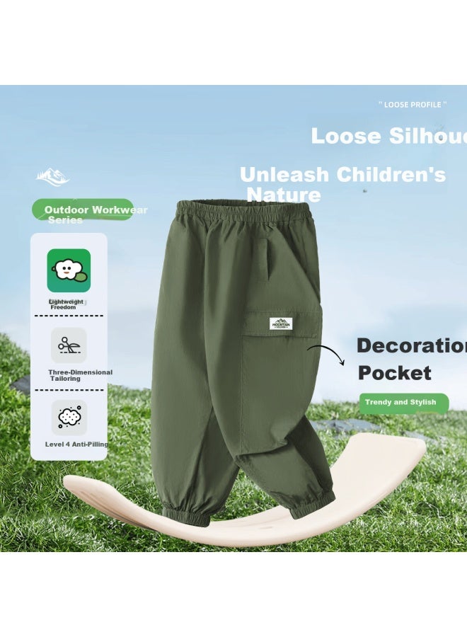 Tonlion Spring Boys' Sports Set Long Sleeve Top Loose Casual Cargo Pants Green Gray + Black 110
