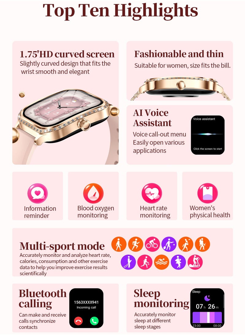 RollsTimi  Ladies/Women Bluetooth Smartwatch, Magnetic Charging, 1.75-Inch High-Definition Screen,Full-Screen Touch, Built-In Vibration Reminder, Sports Health Monitoring, Voice Assistant RT MK88  - Image 4