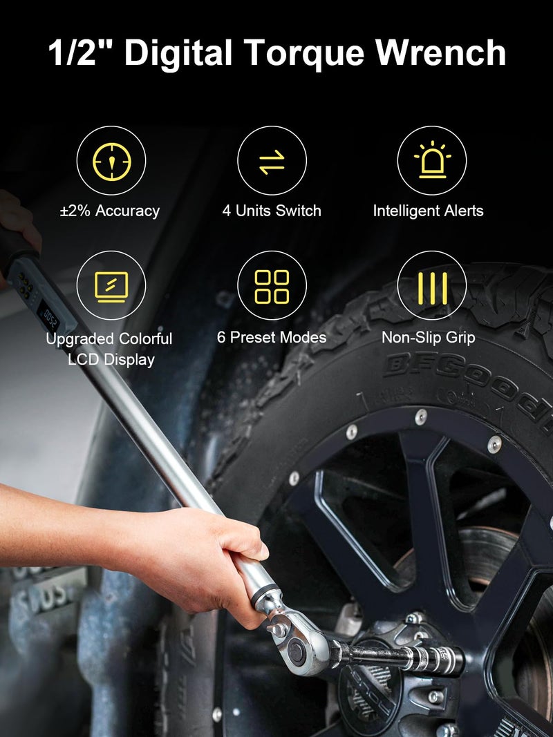 GROWNEER Upgraded Digital Torque Wrench, 12.5-250.7 Ft-lbs/17-340 Nm, 1/2'' Drive Automotive Rachet Torque Wrench with Buzzer & Colorful LED Indicator, Electronic Wrench Set for Car Tires Auto Repair - Image 3