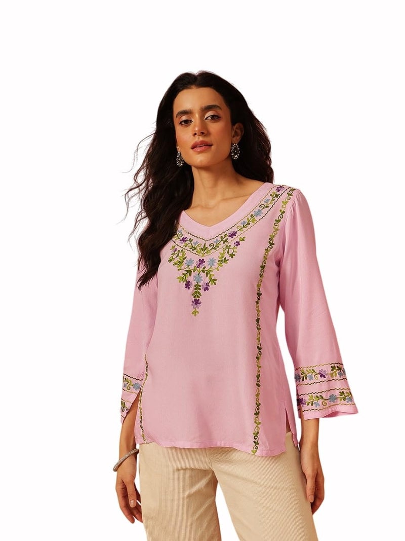 QAZMI Women's Amina Kashmiri Embroidered V-Neck Short Kurti_L Light Pink - Image 1
