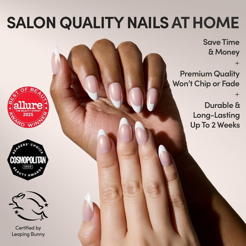 Glamnetic x GLAMZILLA Press On Nails - GIVE 'EM GRACE | Short Almond Fake French Tip Nails with Gold Glaze, Salon Quality, Everyday| 15 Sizes - 30 Nail Kit with Glue - Image 2